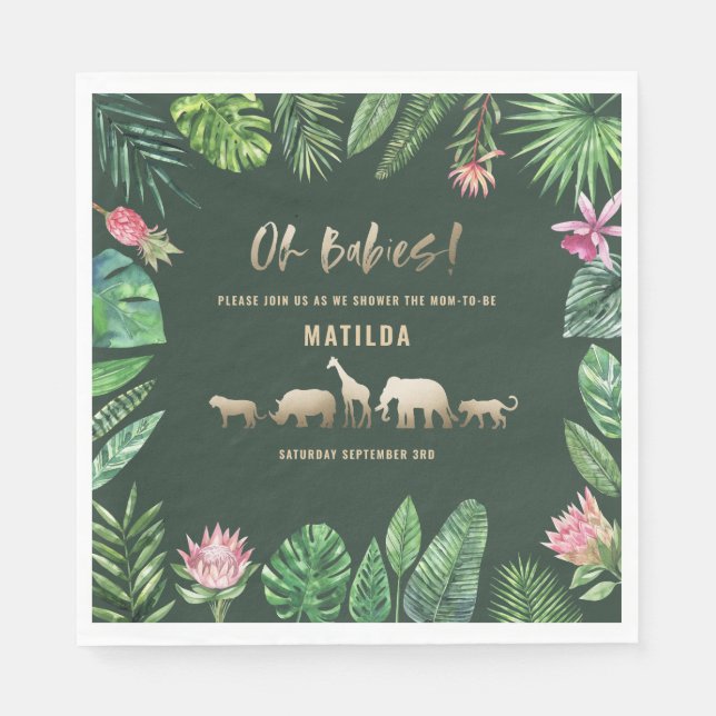 Tropical foliage + gold animals twin baby shower napkin (Front)