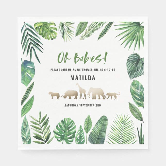 Tropical foliage + gold animals twin baby shower napkin (Front)