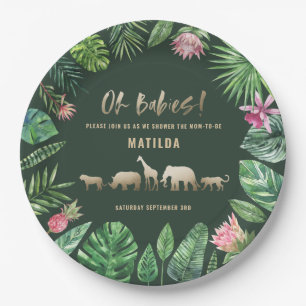Tropical foliage + gold animals twin baby shower paper plate