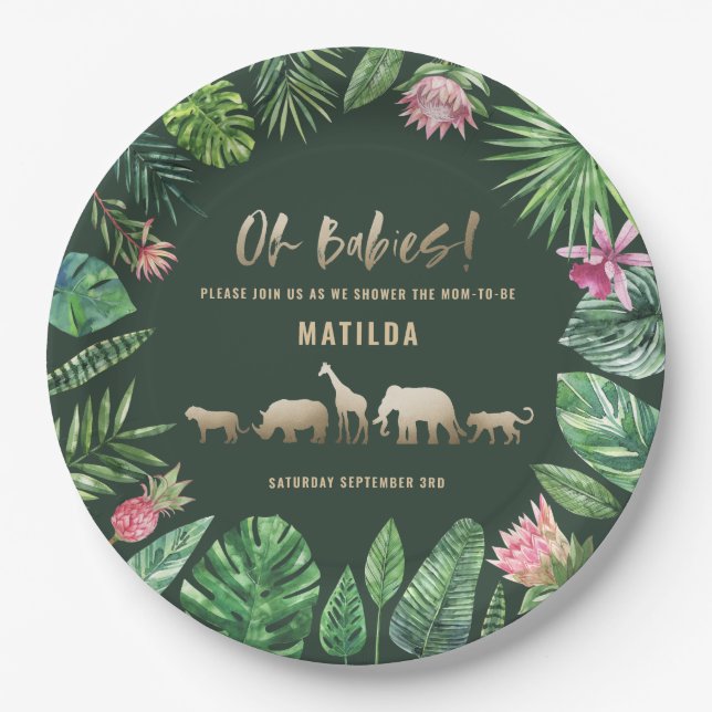 Tropical foliage + gold animals twin baby shower paper plate (Front)