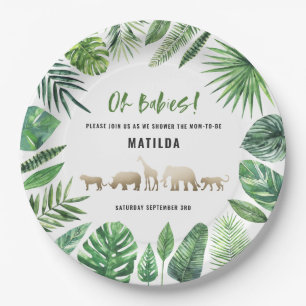 Tropical foliage + gold animals twin baby shower paper plate