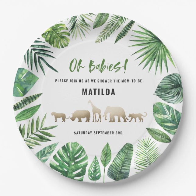 Tropical foliage + gold animals twin baby shower paper plate (Front)