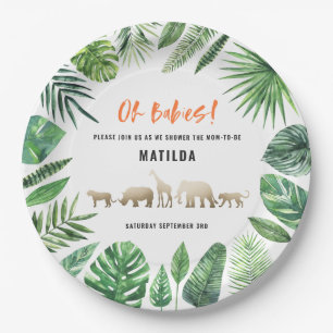 Tropical foliage + gold animals twin baby shower paper plate