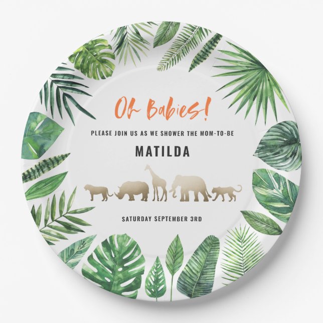 Tropical foliage + gold animals twin baby shower paper plate (Front)