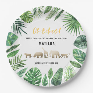 Tropical foliage + gold animals twin baby shower paper plate