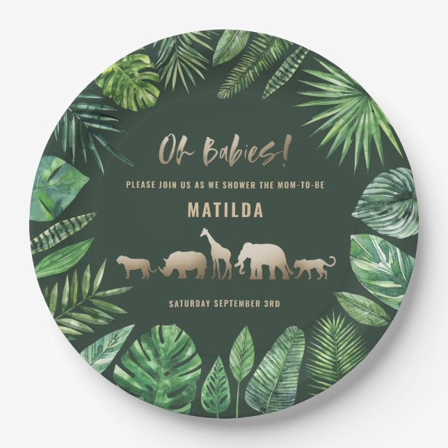 Tropical foliage + gold animals twin baby shower paper plate (Front)