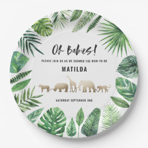Tropical foliage + gold animals twin baby shower paper plate