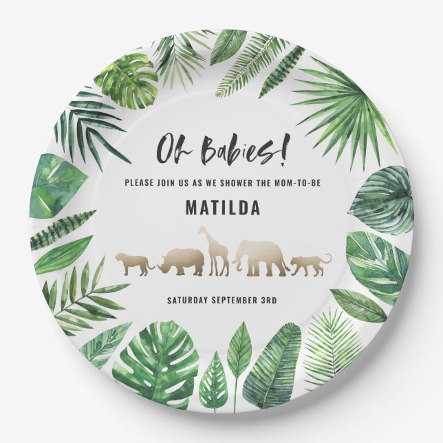 Tropical foliage + gold animals twin baby shower paper plate (Front)