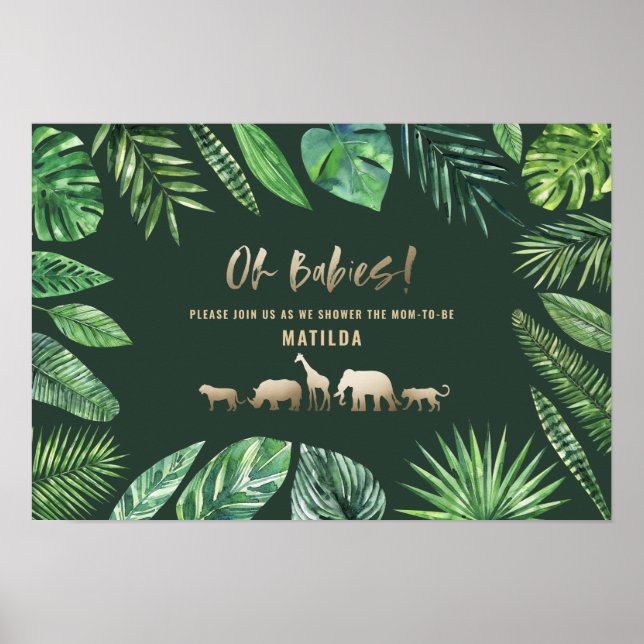 Tropical foliage + gold animals twin baby shower poster (Front)