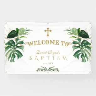 Tropical Foliage Gold Cross Baptism Welcome Sign