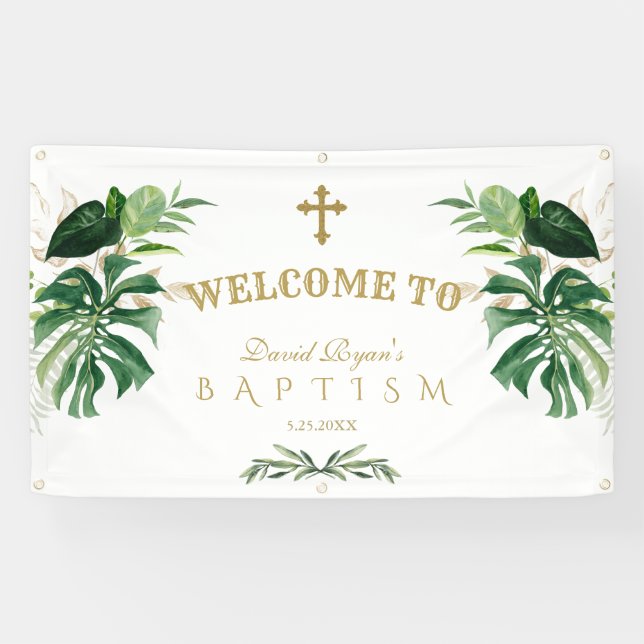 Tropical Foliage Gold Cross Baptism Welcome Sign (Horizontal)