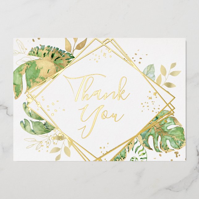 Tropical Foliage & Gold Geometric Thank You Card (Front)