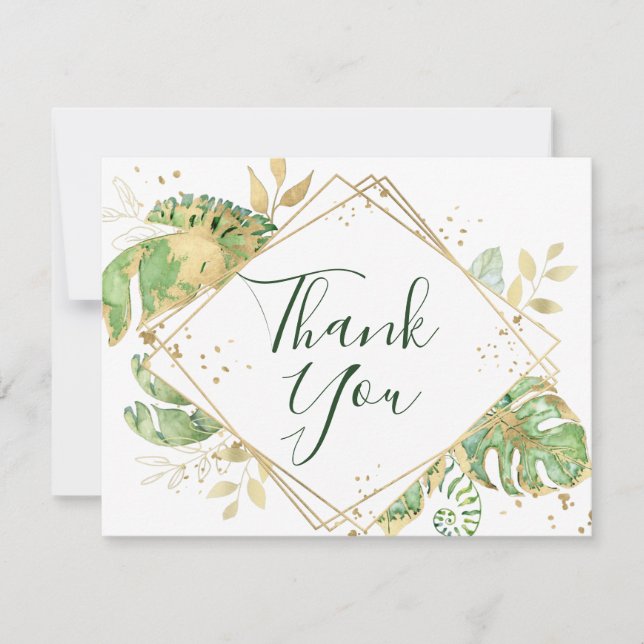 Tropical Foliage & Gold Geometric Thank You Card (Front)