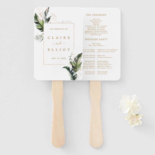 Tropical Foliage Gold Wedding Ceremony Program Hand Fan (Front and Back)