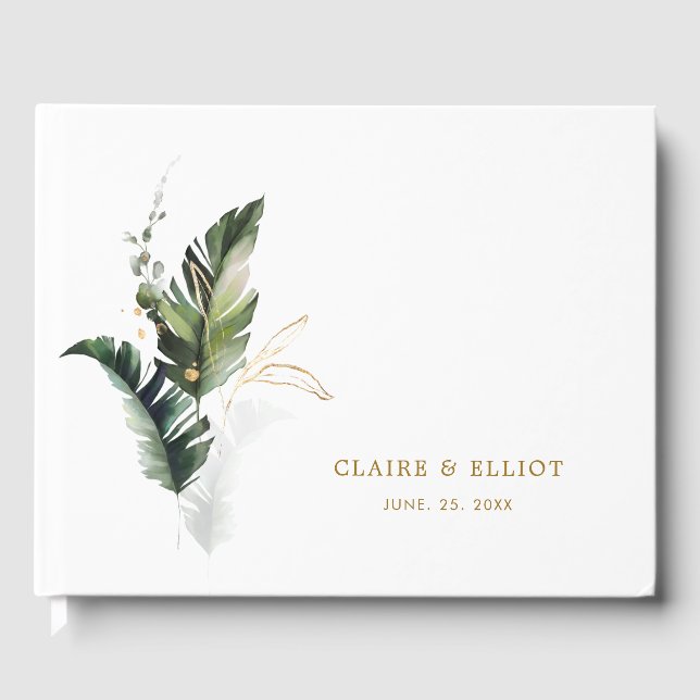 Tropical Foliage Gold Wedding Guest Book (Front)