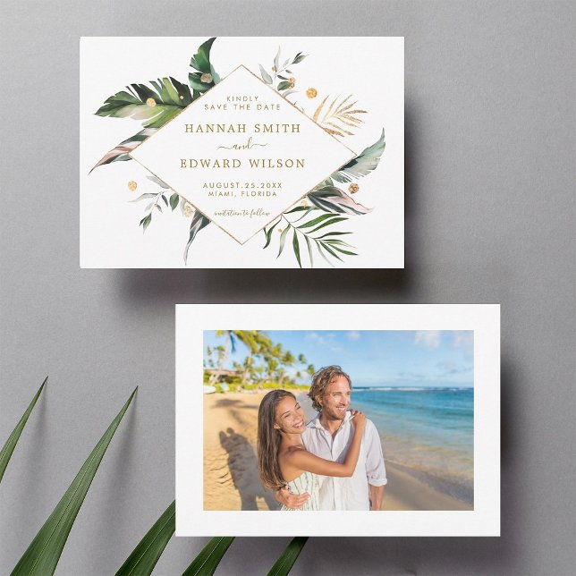 Tropical Foliage Gold Wedding Photo Save The Date (Front & Back)