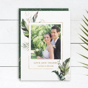 Tropical Foliage Gold Wedding Photo Thank You Card
