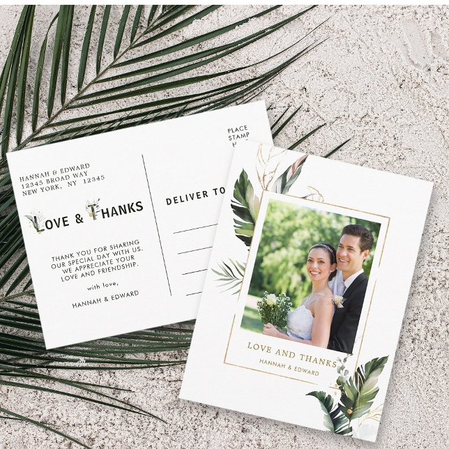 Tropical Foliage Gold Wedding Photo Thank You Postcard (Front & Back)