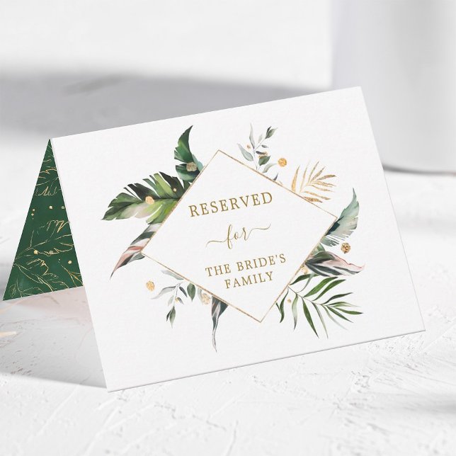 Tropical Foliage Gold Wedding Reserved Tent Sign (Creator Uploaded)