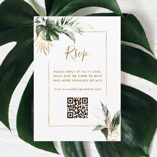 Tropical Foliage Gold Wedding RSVP with QR Code Enclosure Card
