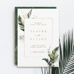 Tropical Foliage Gold Wedding Save The Date<br><div class="desc">This wedding save the date invitation card features watercolor green tropical foliage,  palm tree leaves,  banana leaves with a gold rectangle frame.  It's perfect for a beach or destination wedding. >>> Check out the entire collection >>> https://www.zazzle.com/collections/tropical_foliage_gold_collection-119316977990783186</div>