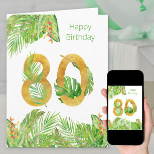 Tropical Foliage Green and Gold Big 80th Birthday Card