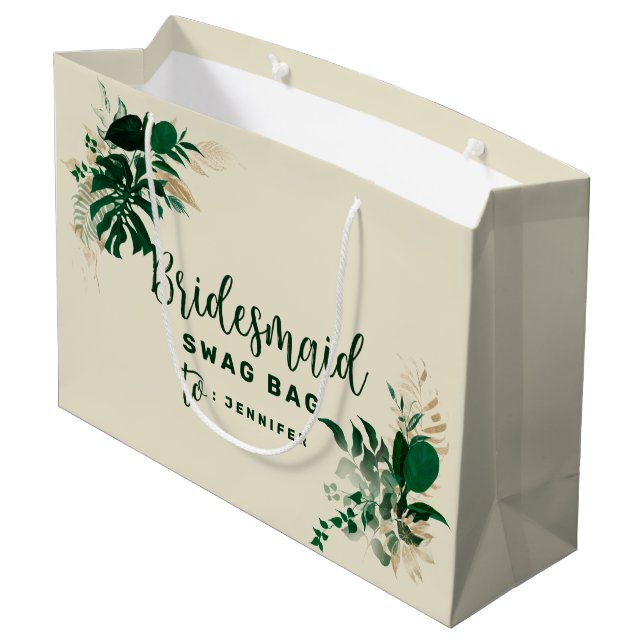 Tropical Foliage Green & Gold Bridesmaid Swag Large Gift Bag (Back Angled)