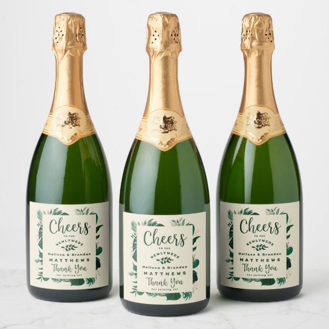 Tropical Foliage Green & Gold Leaf Wedding Cheers Sparkling Wine Label (Bottles)