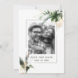 Tropical Foliage Green & Gold Photo Wedding Save The Date