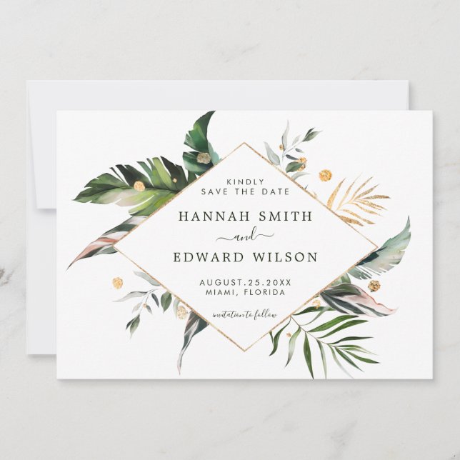Tropical Foliage Green Gold Wedding Photo Save The Date (Front)