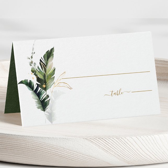 Tropical Foliage Green Gold Wedding Place Card (Creator Uploaded)