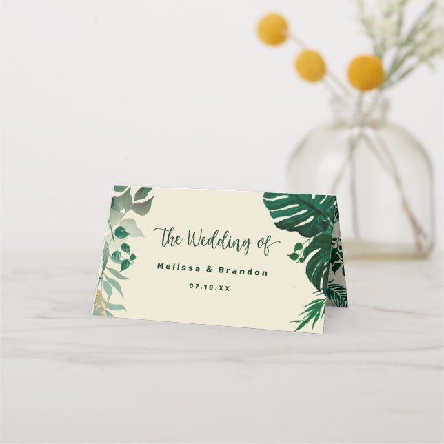 Tropical Foliage Green Leaves Wedding Table Number Place Card (Back)