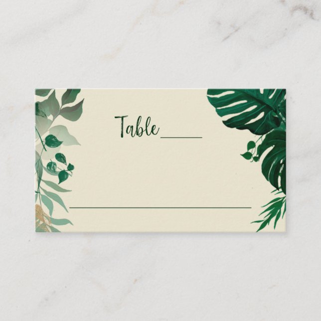 Tropical Foliage Green Modern Wedding Table Number Place Card (Front)