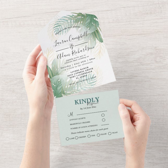 Tropical Foliage Green Watercolor Wedding  All In One Invitation (Tearaway)