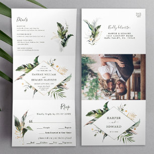 Tropical Foliage Green Wedding All In One Tri-Fold Invitation