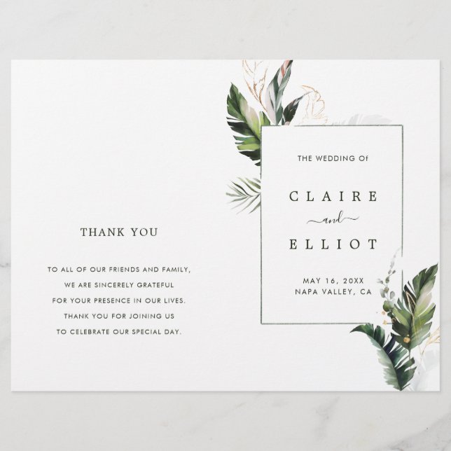 Tropical Foliage Green Wedding Ceremony Program (Front)