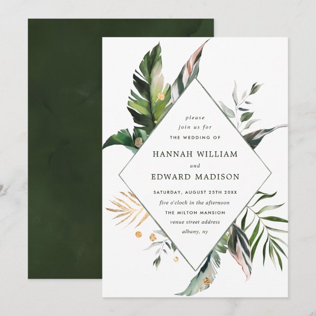 Tropical Foliage Green Wedding Invitation (Front/Back)