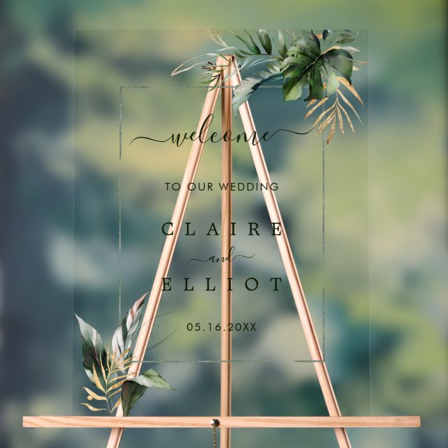 Tropical Foliage Green Wedding Welcome  Acrylic Sign (Neutral)