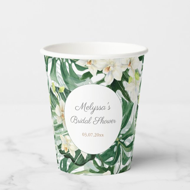 Tropical Foliage Green White Wedding Shower Party Paper Cups (Front)