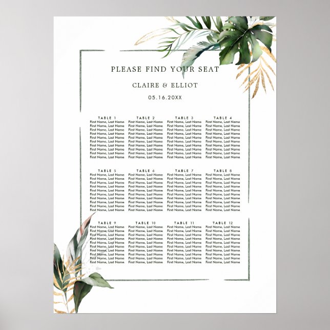 Tropical Foliage Greenery Wedding Seating Chart  (Front)