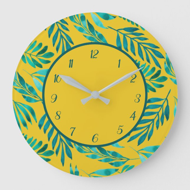 Tropical Foliage Leaves Green Shimmer on Gold Large Clock (Front)