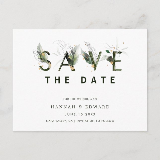 Tropical Foliage Letter Wedding Save the Date Announcement Postcard (Front)