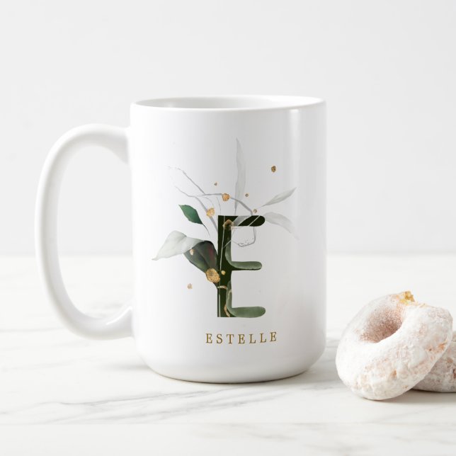 Tropical Foliage Monogram Letter "E" Personalised Coffee Mug (With Donut)