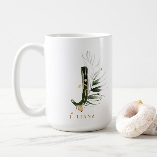 Tropical Foliage Monogram Letter “J” Personalised Coffee Mug (With Donut)