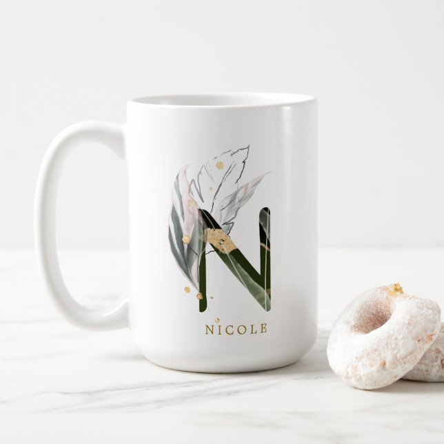 Tropical Foliage Monogram Letter "N" Personalised Coffee Mug (With Donut)