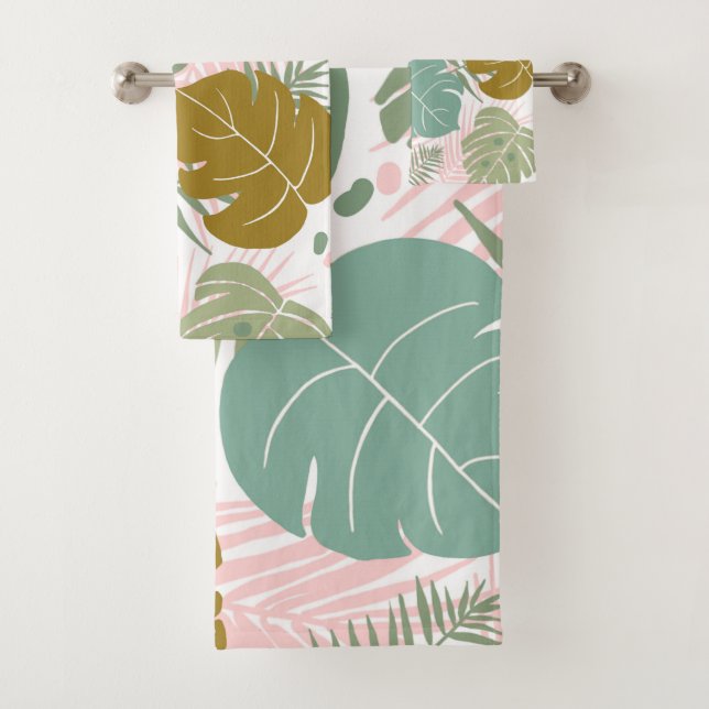Tropical Foliage - Monstera And Palm Leaf Pattern Bath Towel Set (Insitu)