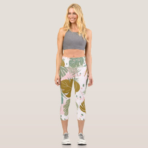 Tropical Foliage - Monstera And Palm Leaf Pattern Capri Leggings
