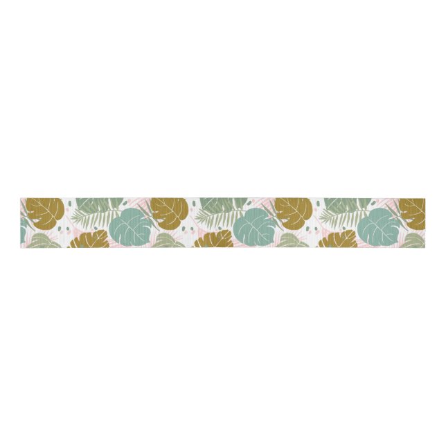 Tropical Foliage - Monstera And Palm Leaf Pattern Grosgrain Ribbon (Front)