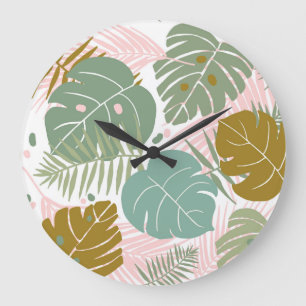 Tropical Foliage - Monstera And Palm Leaf Pattern Large Clock