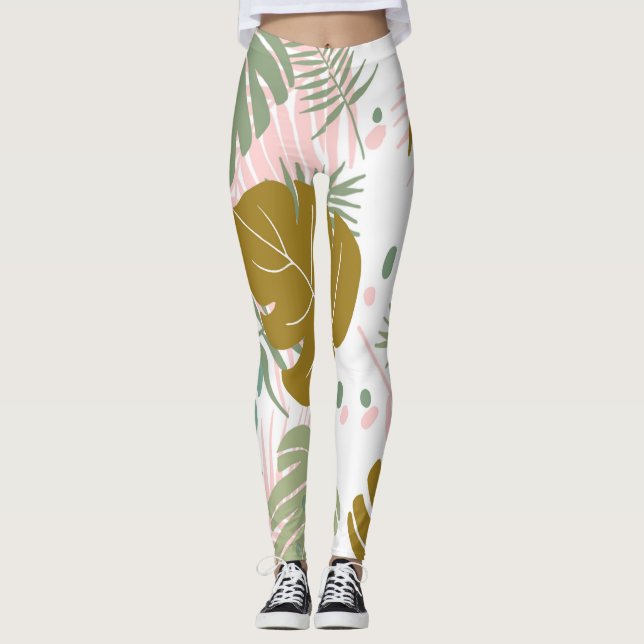 Tropical Foliage - Monstera And Palm Leaf Pattern Leggings (Front)